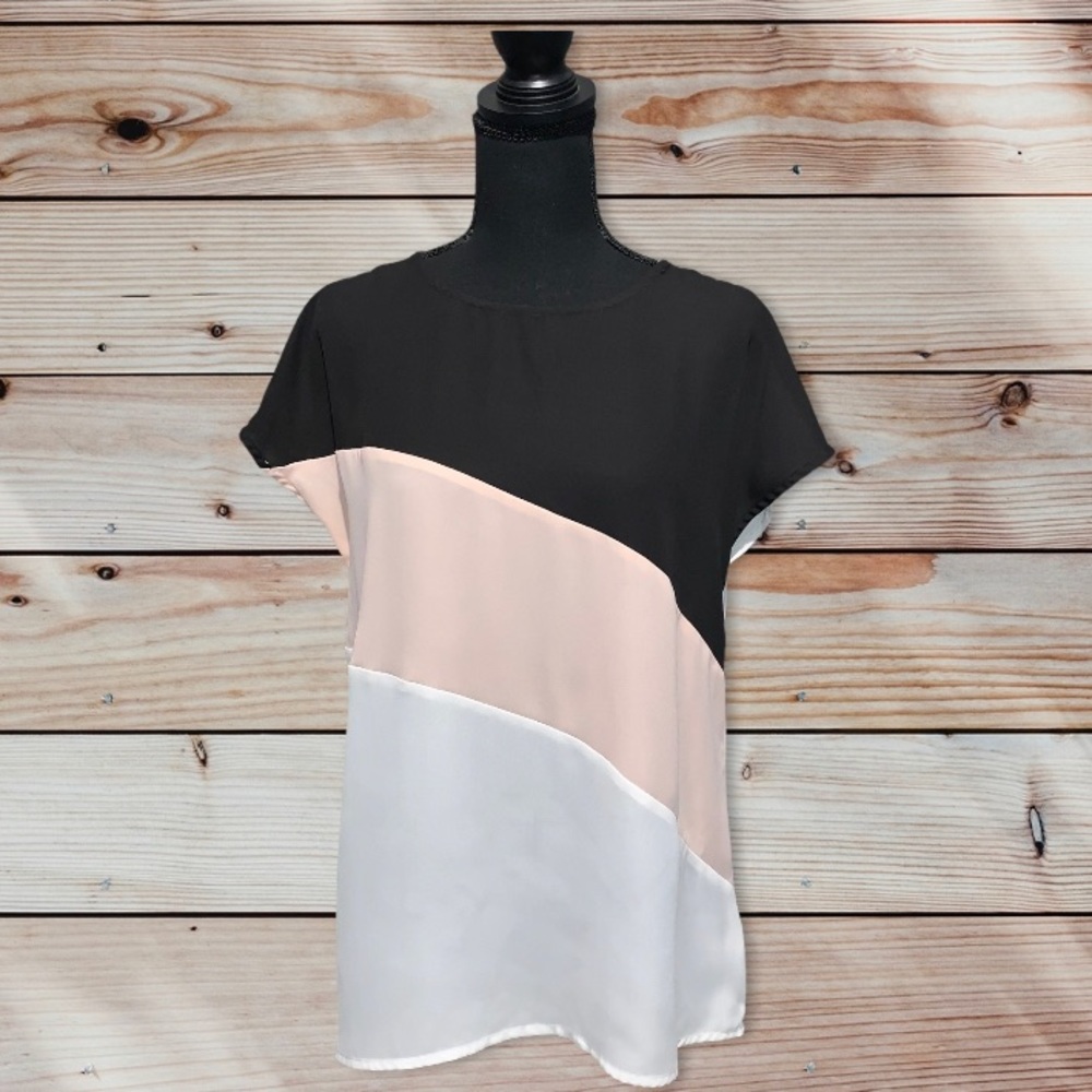 Black, Pink & White Stripe Women’s Blouse Size:L